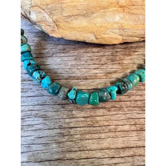Vintage Turquoise Nugget Bead Necklace Sterling Silver Ends Hook Clasp Southwest - Picture 3 of 11